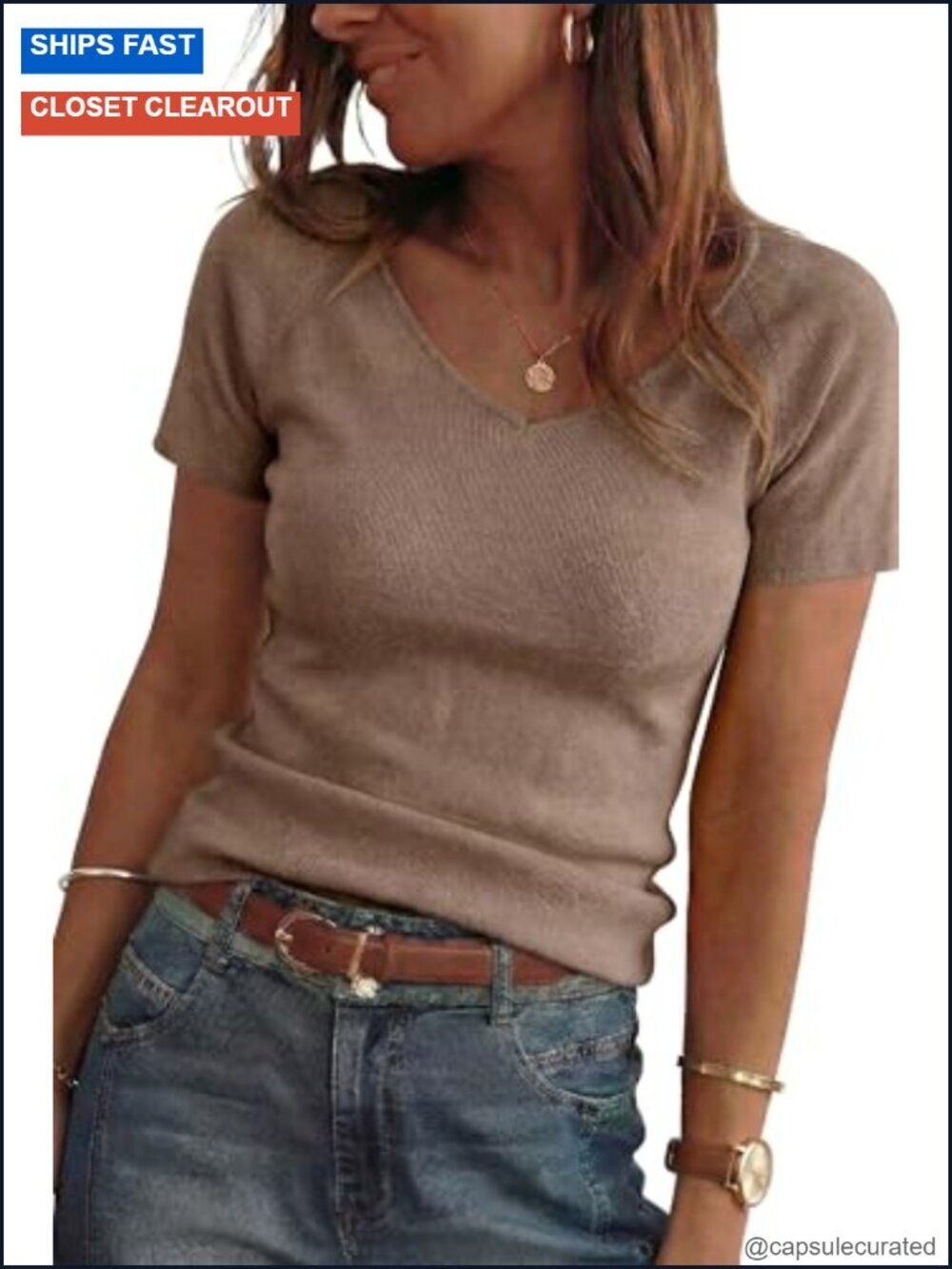 Wool Blend Short Sleeve V Neck Pullover Sweater for Women